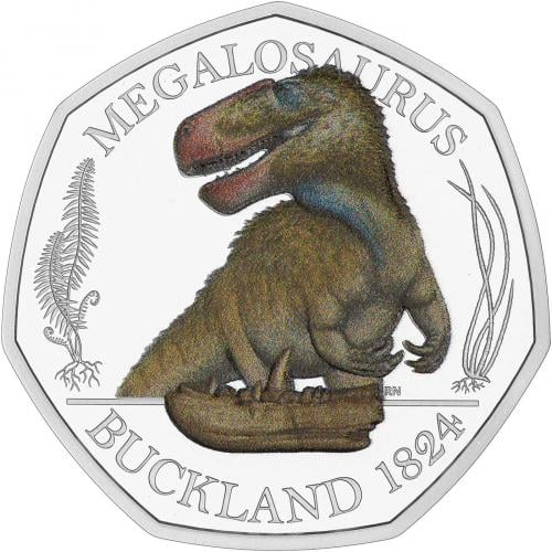 2020 Tales of the Earth: The Dinosauria Collection Megalosaurus Coloured Silver Proof 50 Pence Coin